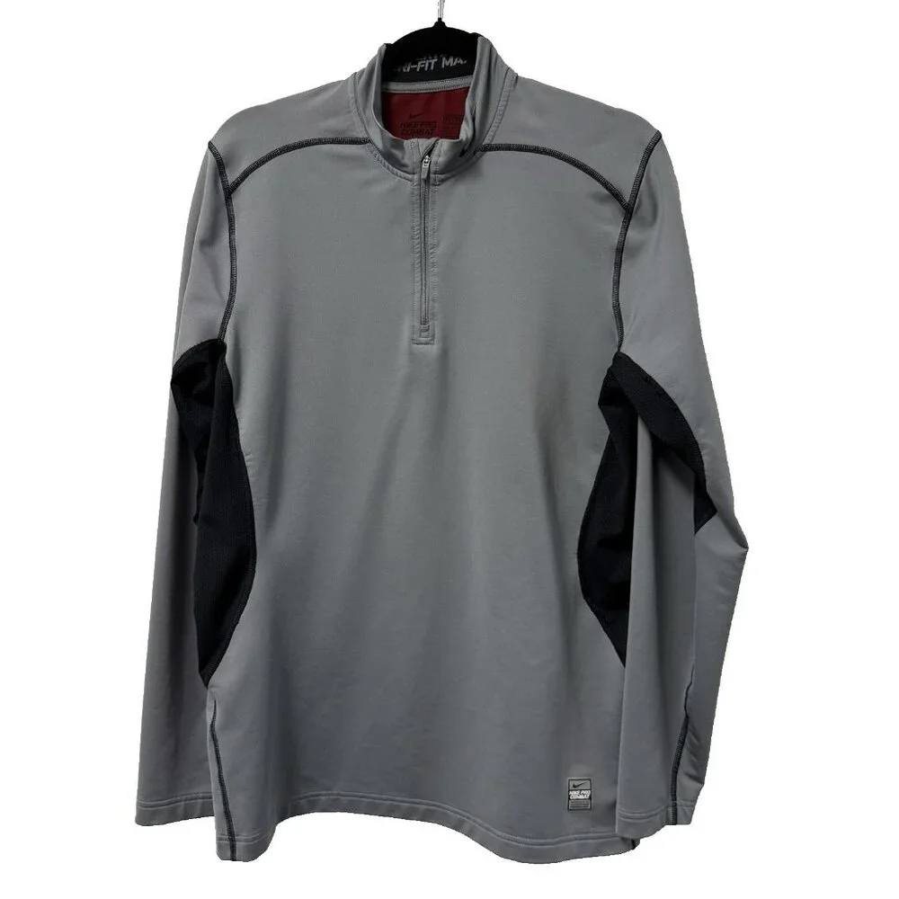 NIKE PRO COMBAT PULLOVER HYPERWARM DRI FIT MAX 1/4 ZIP MENS L GRAY BLACK FITTED
